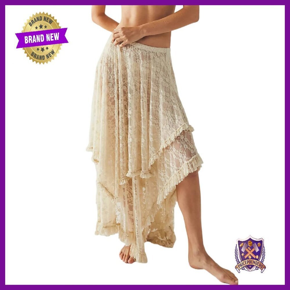 Lace Maxi Skirt Elastic Waist Asymmetrical Hem Floral Beach Cover Up